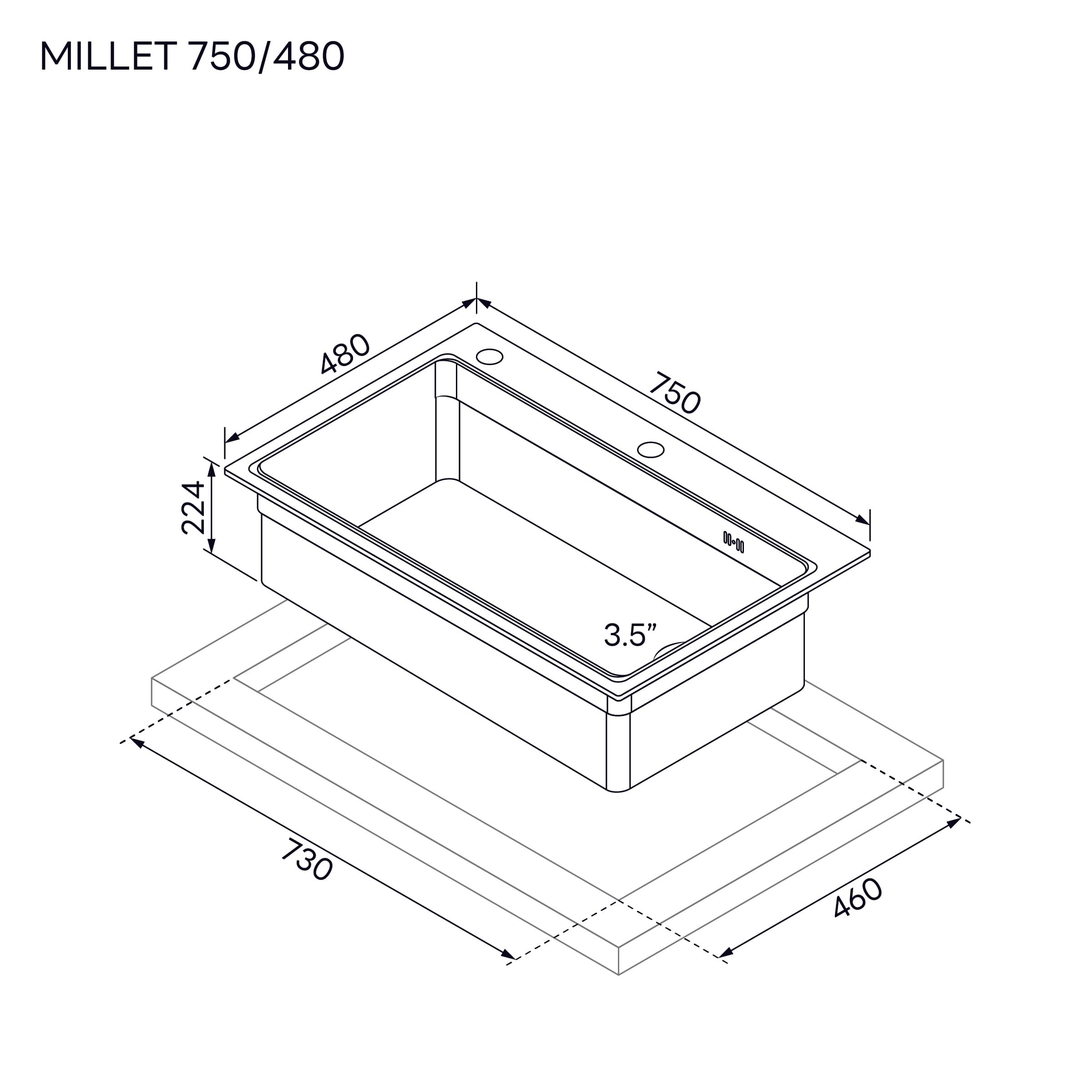 ซิงค์ฝัง 1 หลุมไม่มีที่พักจาน EVE MILLET 750/480 ขนาด 75 ซม. สีเทาไทเทเนียม_8